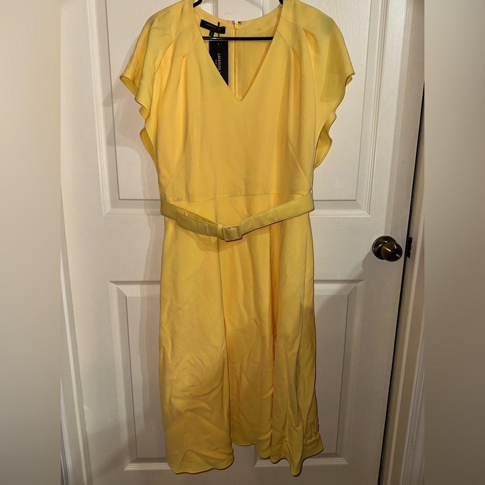 Lafayette 148 New York Yellow V-Neck Belted Midi Dress 8 NWT summer spring